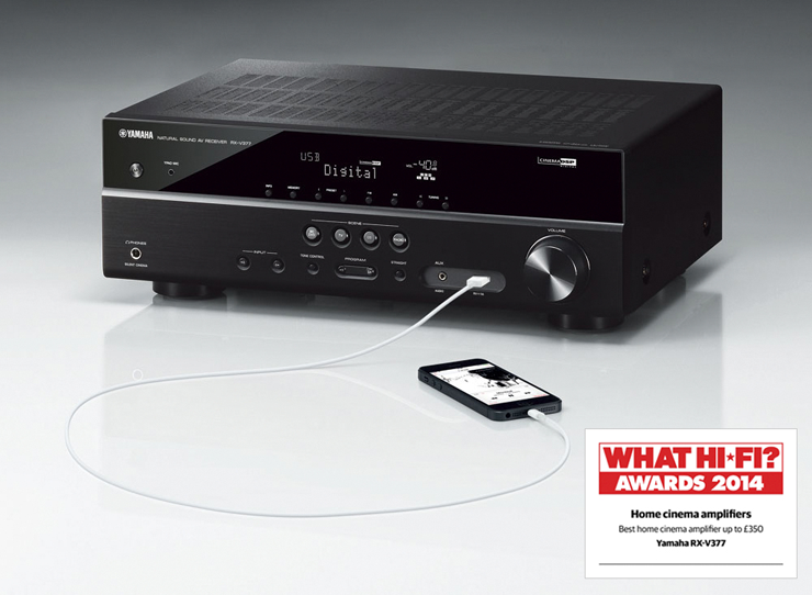 15vip太阳成5.1声道家庭影院收音扩音机RX-V377 荣获2014年度What Hi-Fi?五星评价大奖